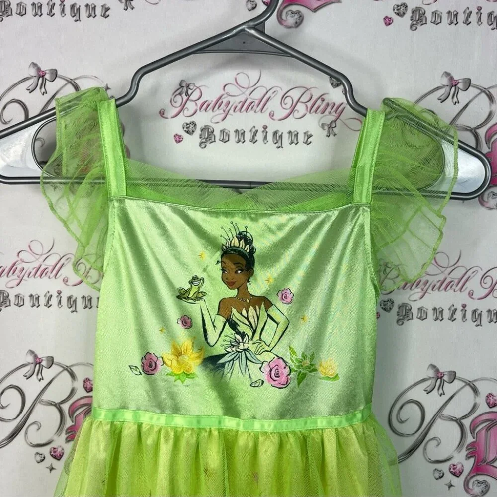 Disney dress costume frog floral ruffle Princess Lime Green Dress Halloween